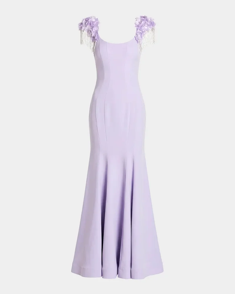 Fringe-Cap-Sleeve Trumpet Gown