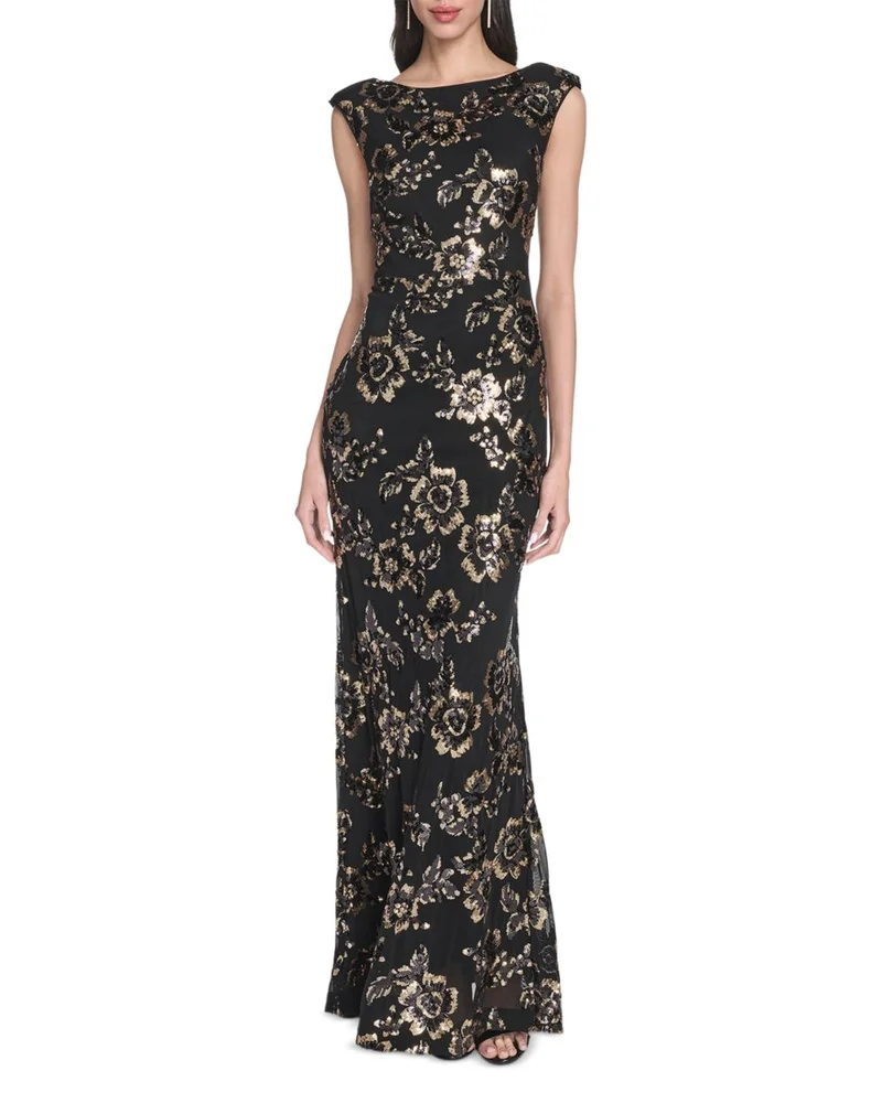 Floral Sequin Boat Neck Gown