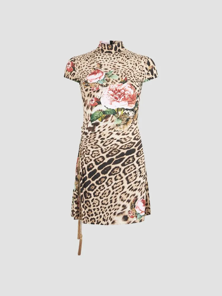 Floral Cheetah-Print Mock Turtleneck Mini Dress