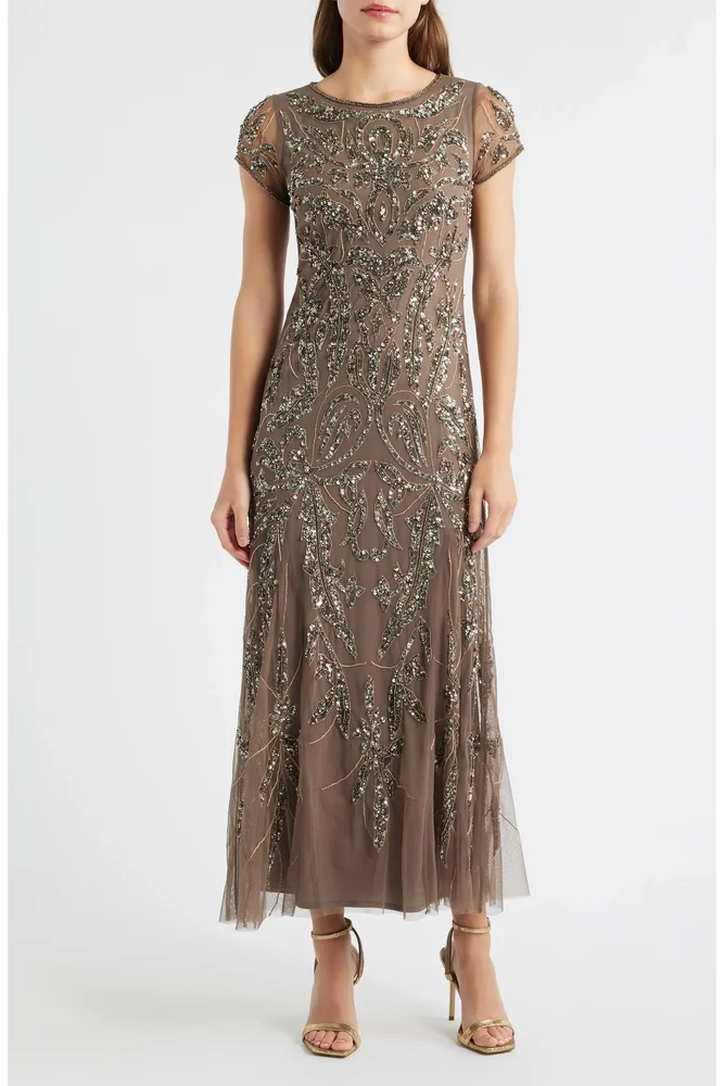 Beaded Mesh Midi Cocktail Dress