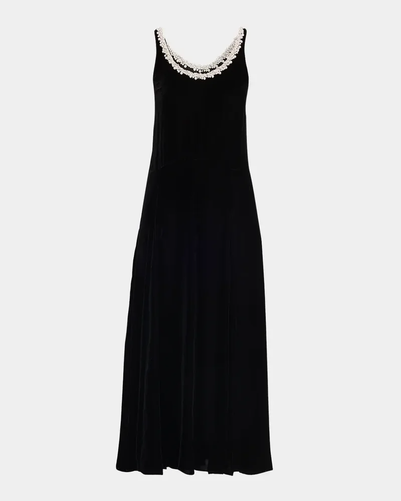 Pearly Beaded Scoop-Neck Velvet Midi Dress
