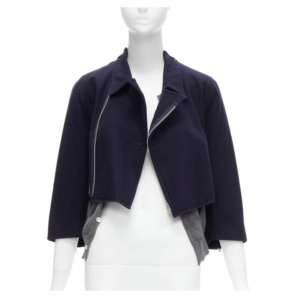 COMME DES GARCONS wool navy grey deconstructed hybrid biker cropped cardigan S