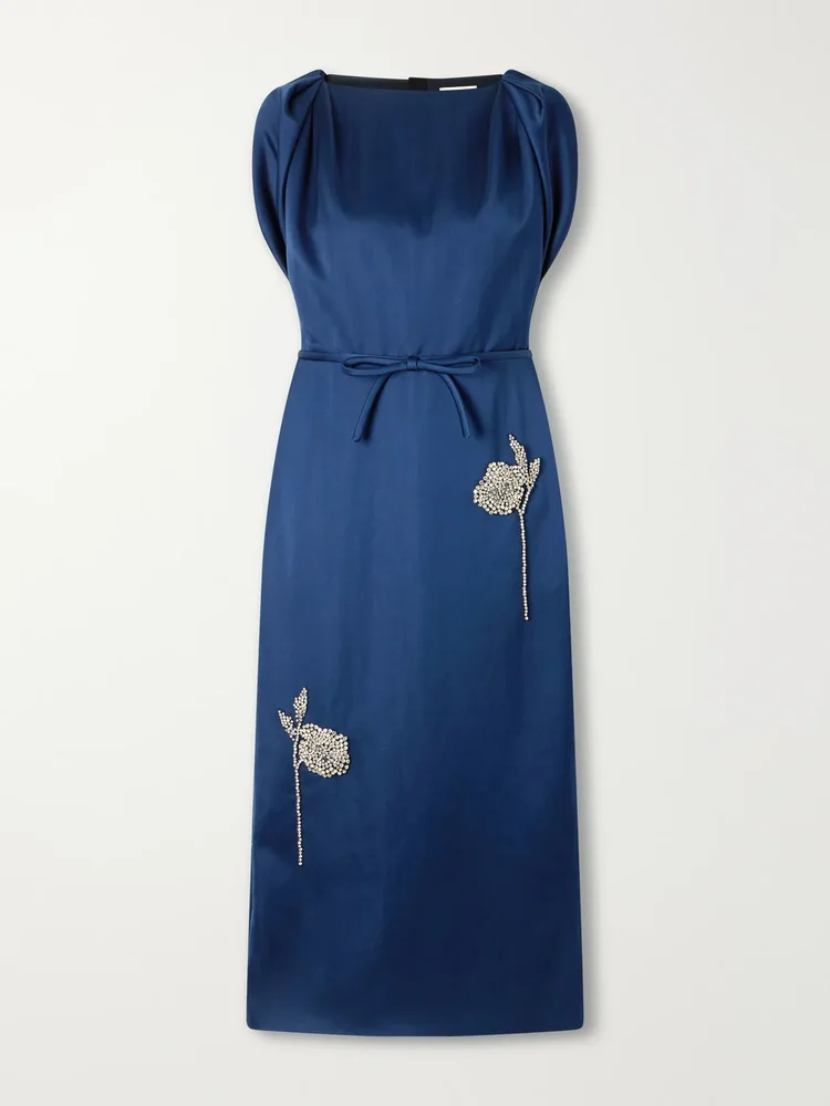 bow detail embroidered satin midi dress