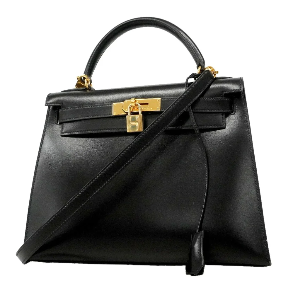 Pre-Owned Kelly Handbag Black Box Calf with Gold Hardware 28