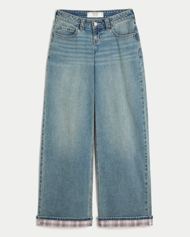 Ultra Low-Rise Plaid Cuff Super Baggy Jeans (medium wash with plaid cuffs)