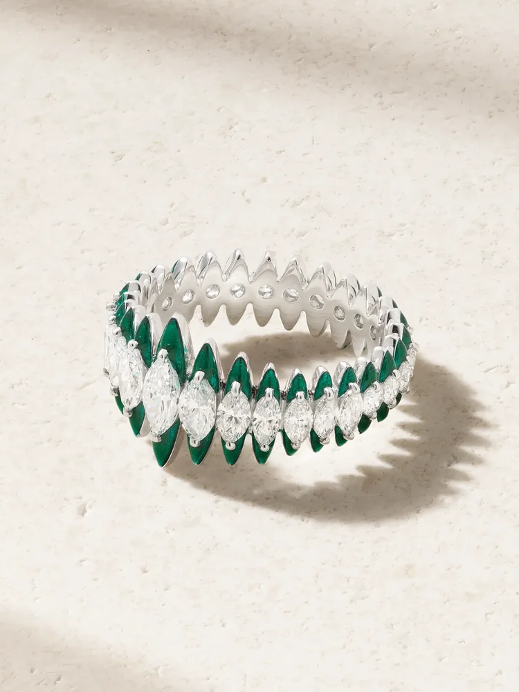 Marquise Coronal 18-karat white gold, enamel and diamond ring