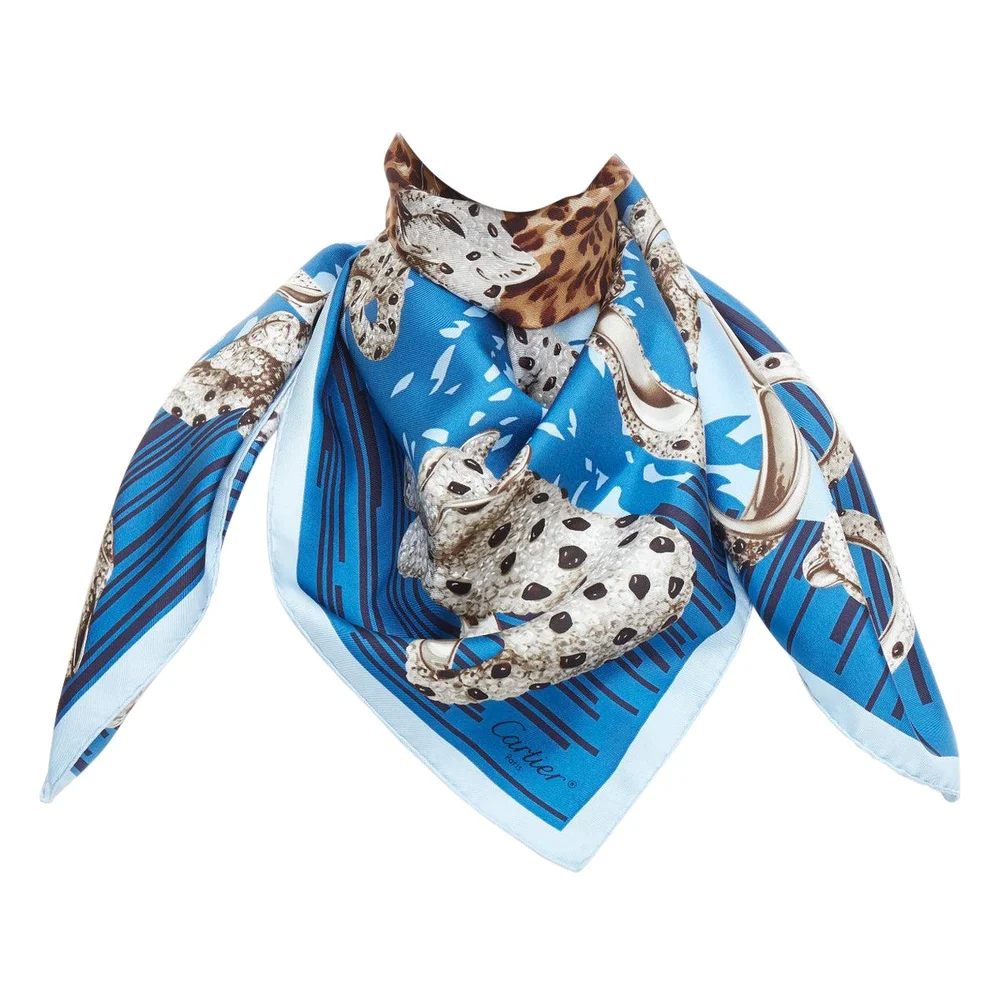 Cartier 100% silk blue grey panther leopard ring print square scarf