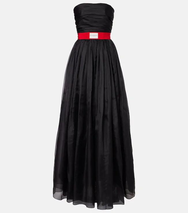Belted silk organza bustier gown