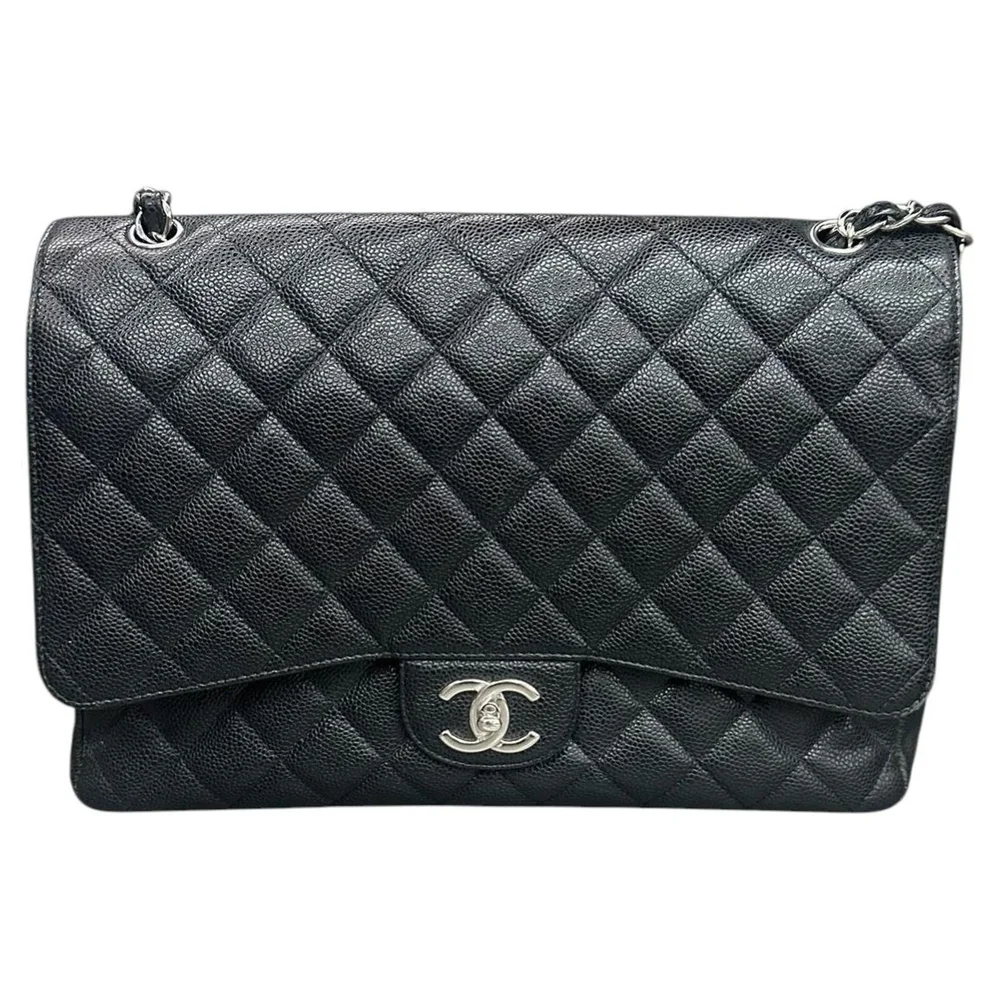 Pre-Owned Classic Flap Maxi Black Caviar Double Flap, Silver Hardware