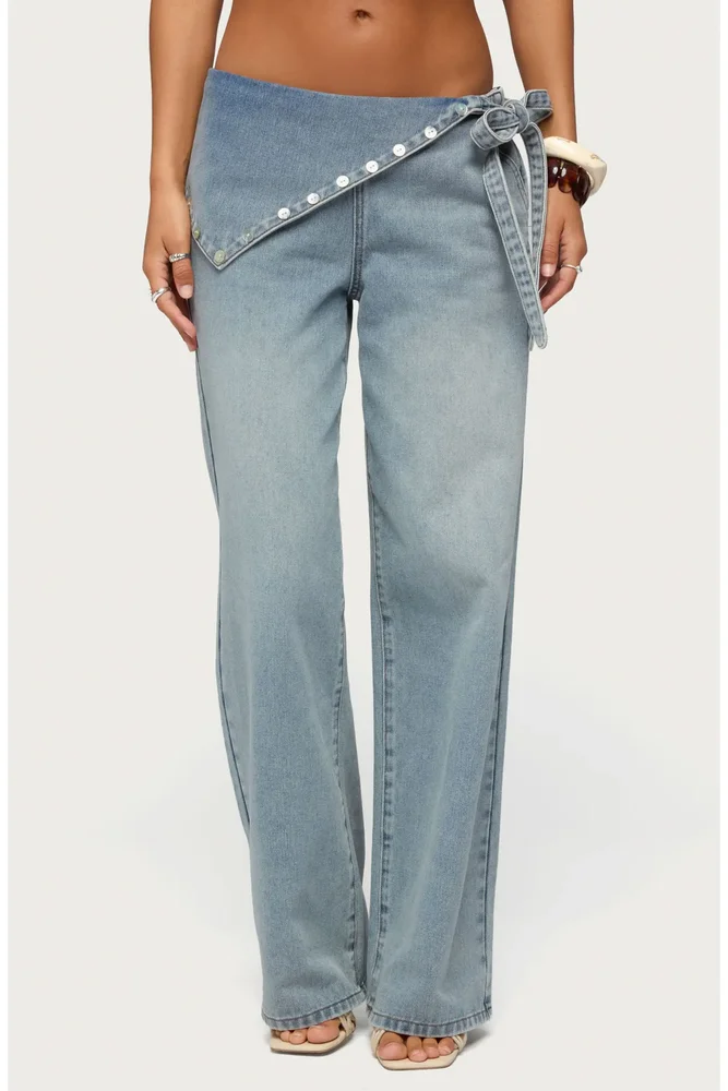 Stud Foldover Wide Leg Jeans