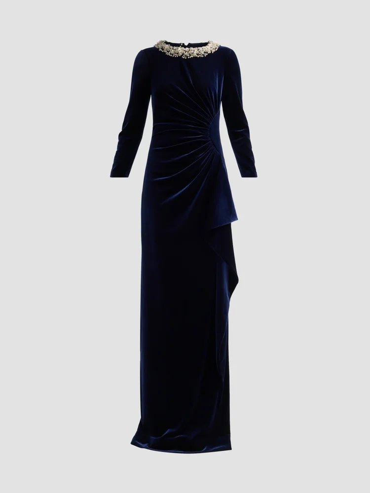 Velvet Jewel Collar Drape Gown