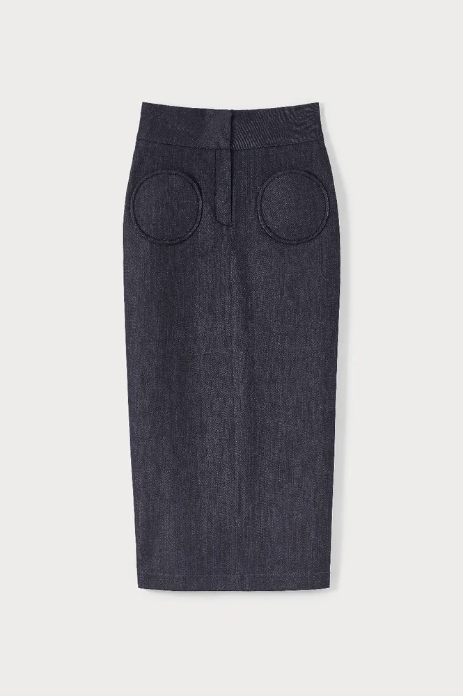 Denim pencil skirt with circular pockets - Dark Blue