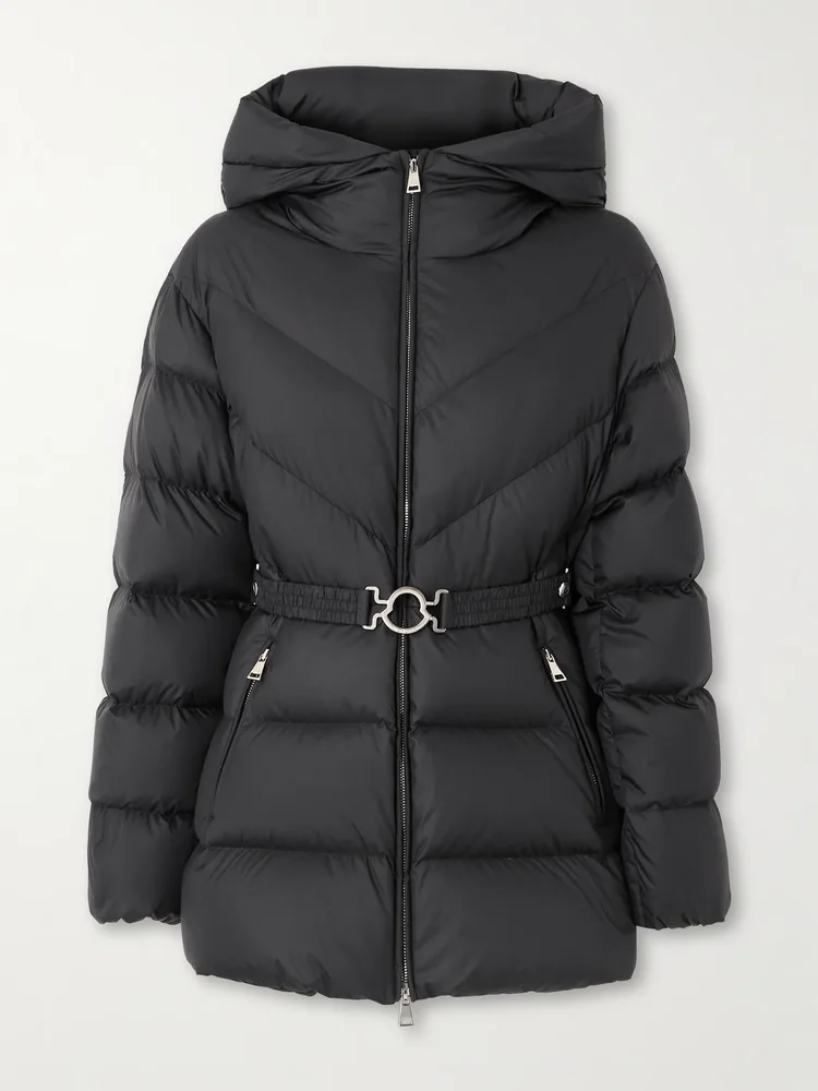Brosse belted hooded appliquéd quilted shell down jacket