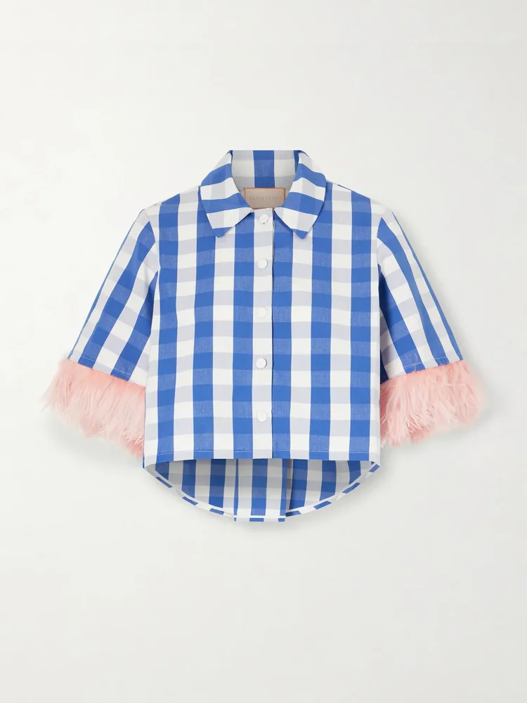 Picnic cropped checked feather-trimmed cotton-blend blouse