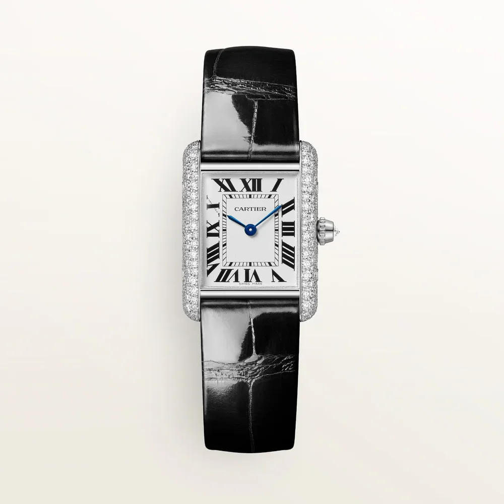 Tank Louis Cartier Watch Small, Quartz Movement, White Gold, Diamonds, Leather