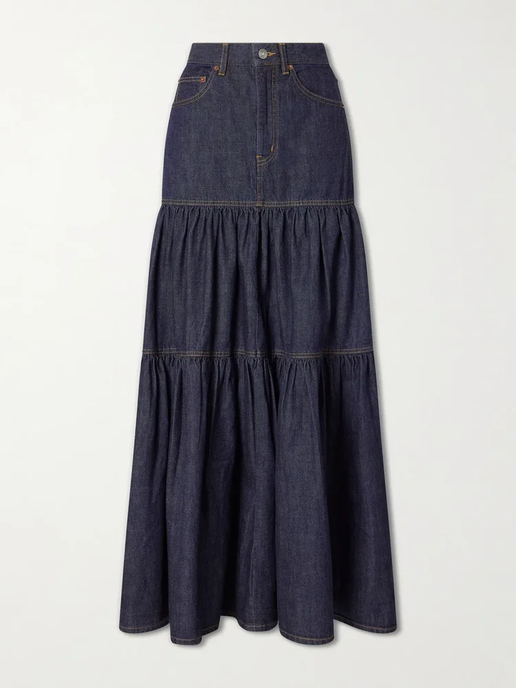 Tiered denim maxi skirt