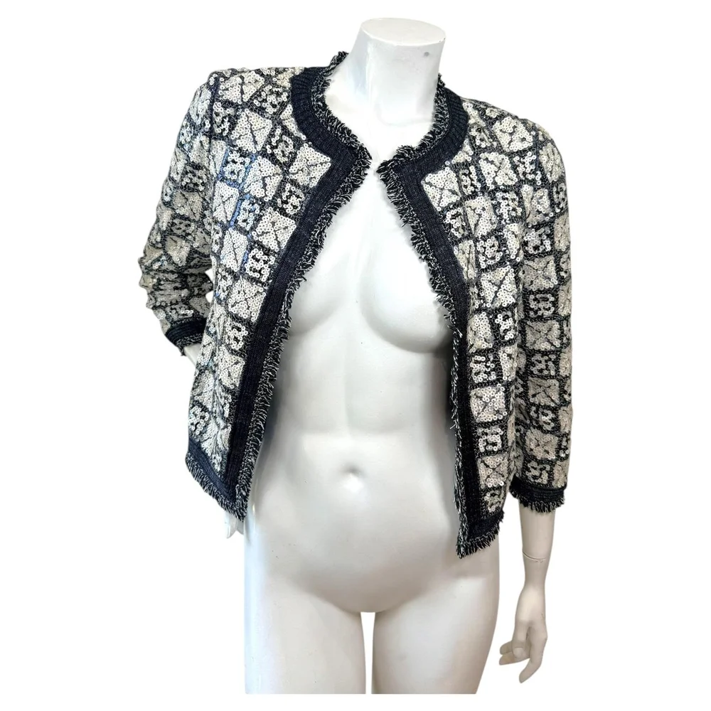 Chanel Black and Ivory Sequin Embellished Cropped Jacket Size FR 34