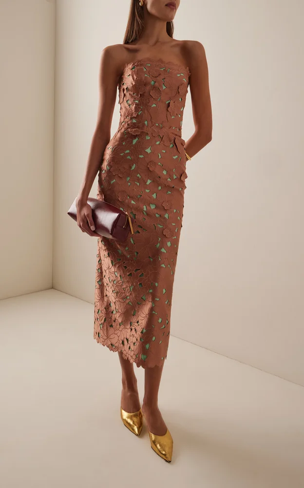 Zira Strapless Floral-Cut Lace Midi Dress