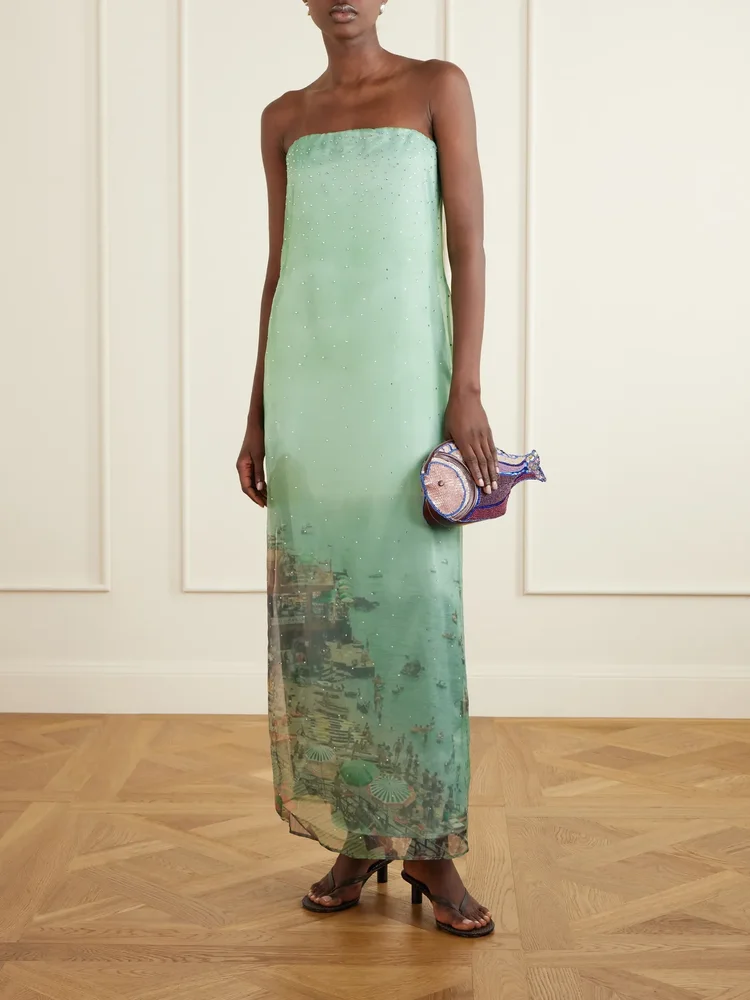 Amara strapless printed organza maxi dress