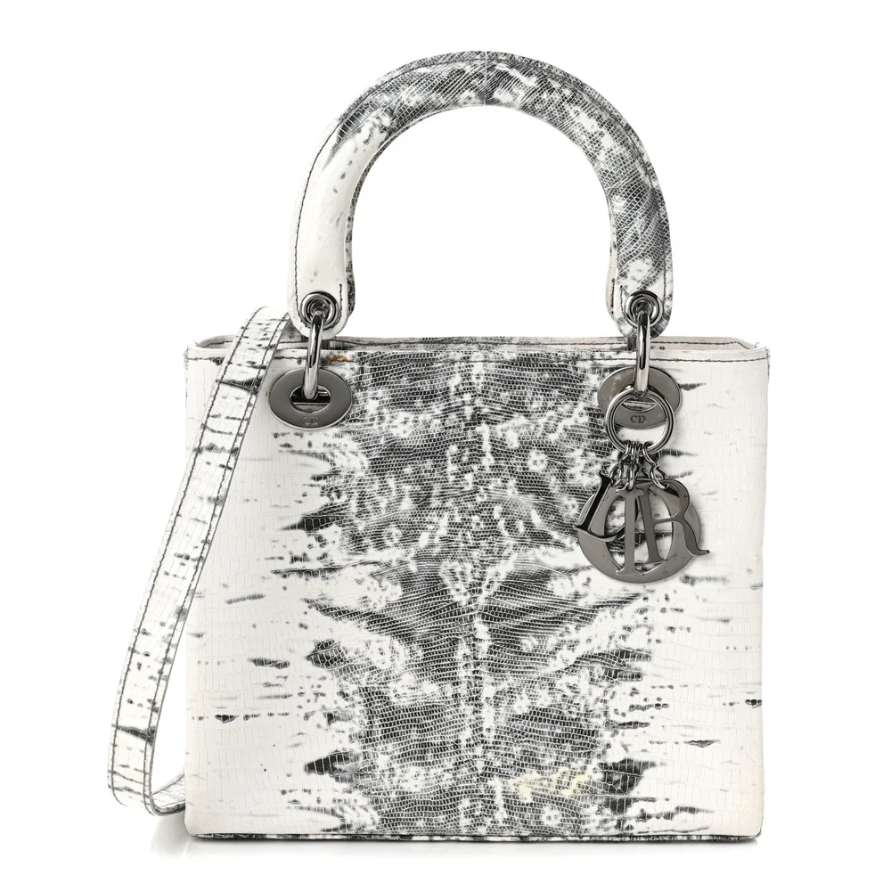 Pre-Owned Very Good Lizard Medium Lady Dior White Black