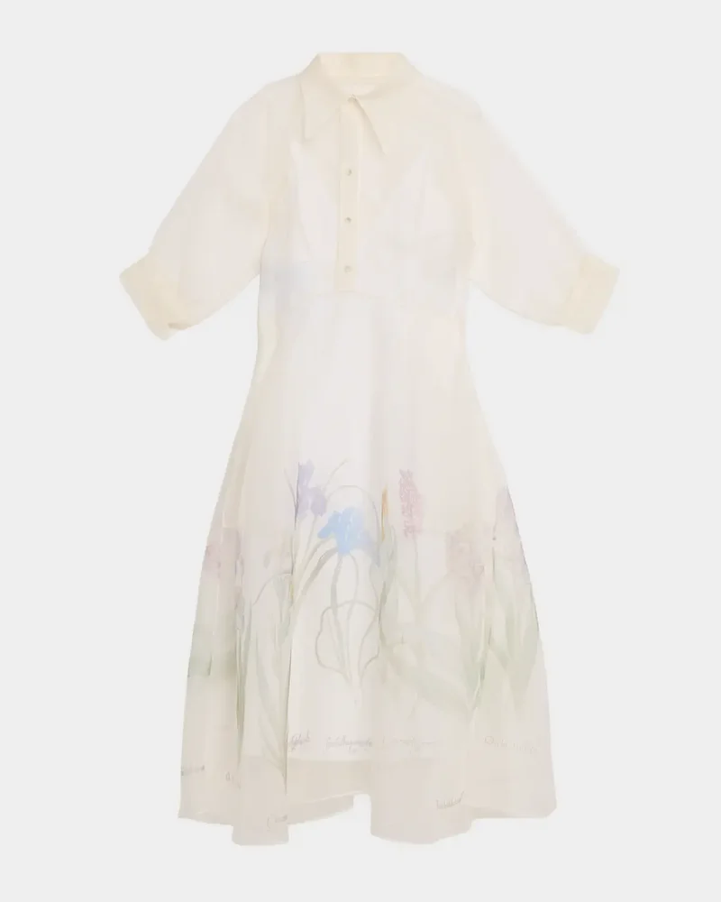Iris-Print Silk Organza 3/4-Sleeve Midi Shirtdress