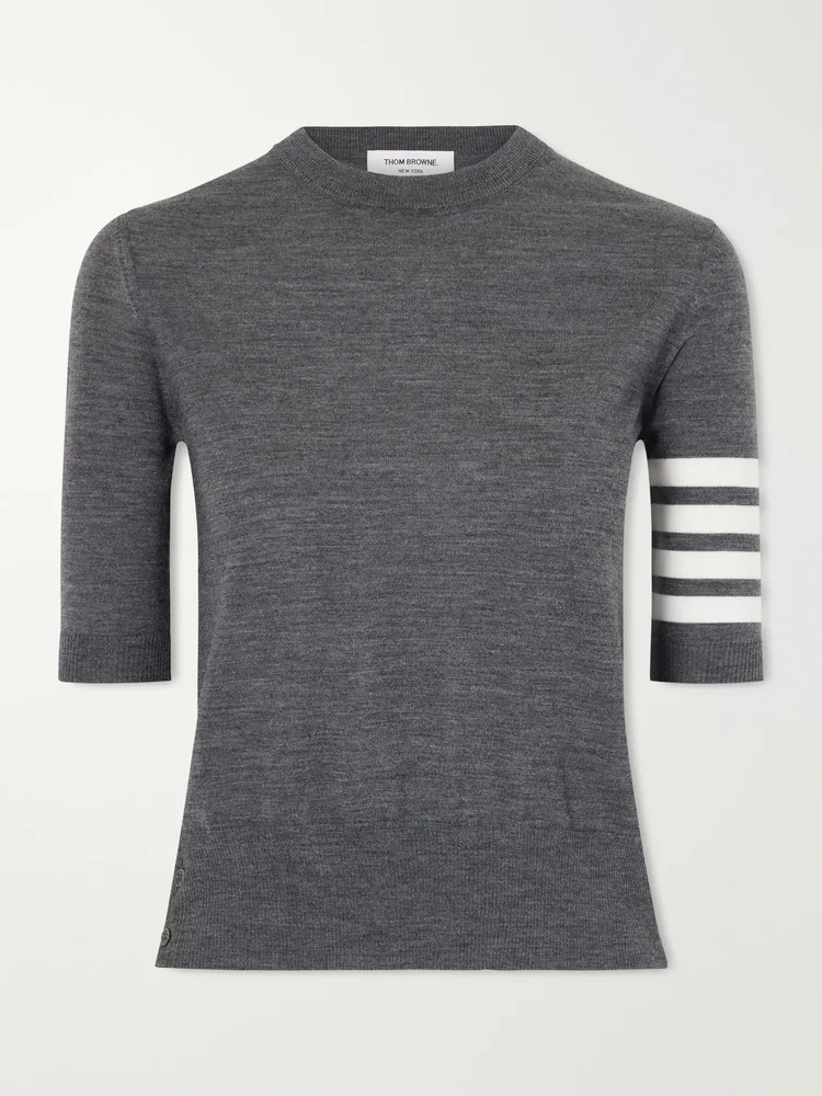 Grosgrain-trimmed striped wool-blend sweater