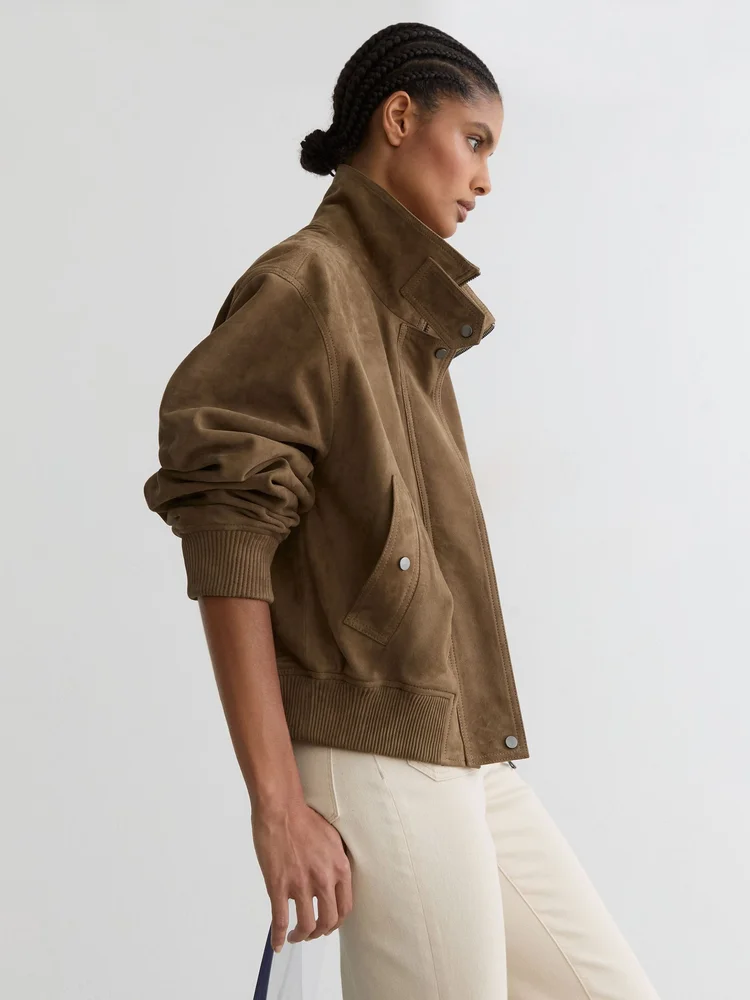 Reiss Suede Funnel-Neck Bomber Jacket in Neutral