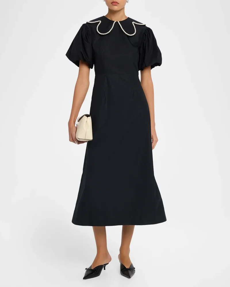 Pearly-Beaded Collar Puff-Sleeve Midi Dress