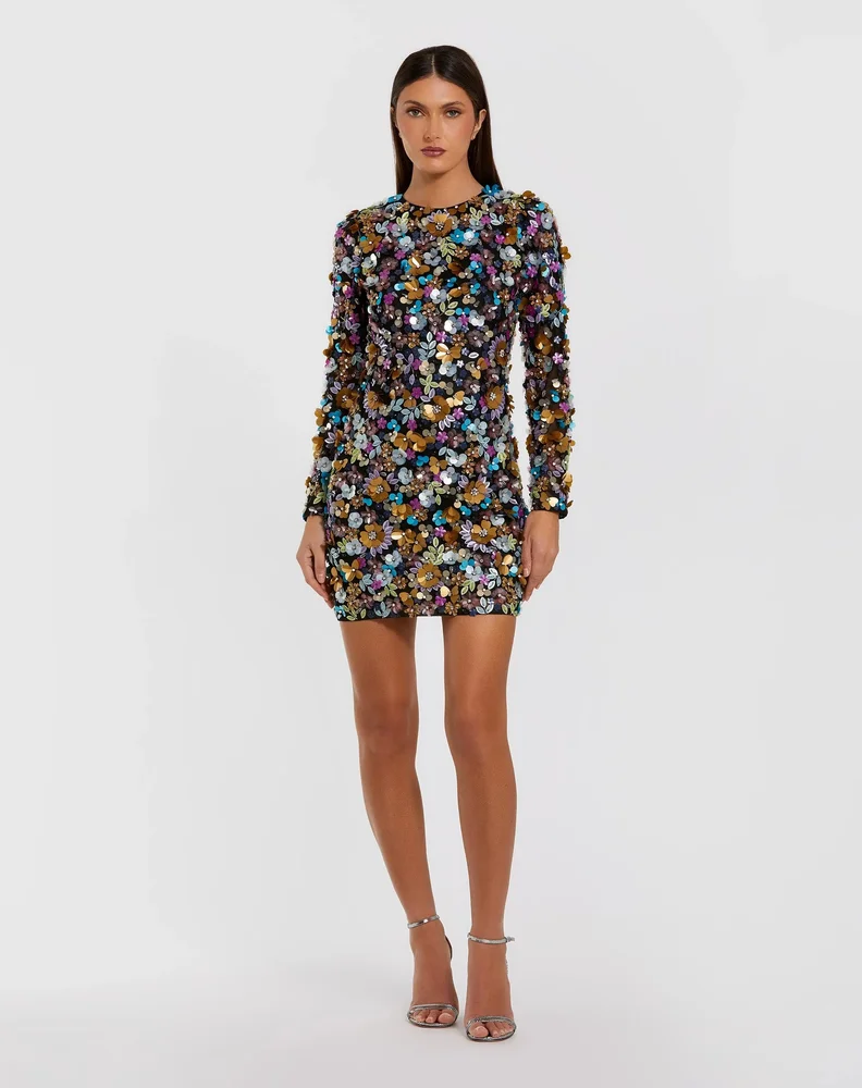 Black Long Sleeve Multicolor 3D Sequin Mini Dress