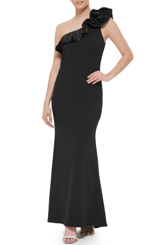 One Shoulder Ruffle Crepe Gown