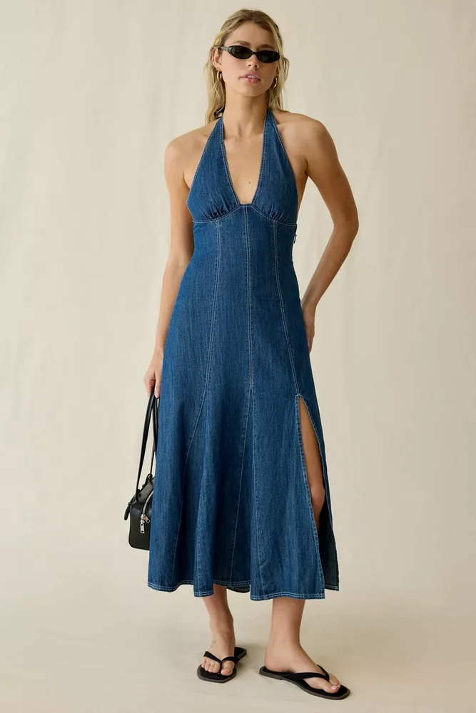 Real Talk Seamed Denim Halter Neck Midi Dress