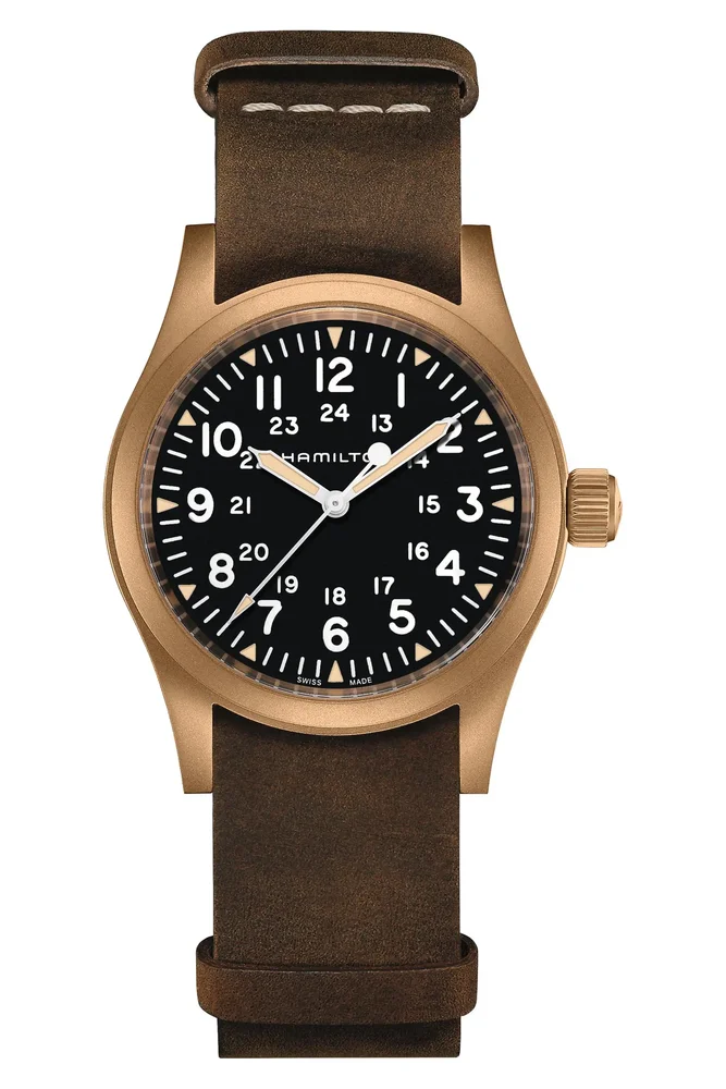 Khaki Field Mechanical Leather Strap Watch, 38mm