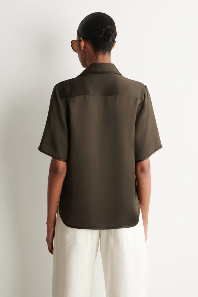 Contrast-Piped Satin Shirt