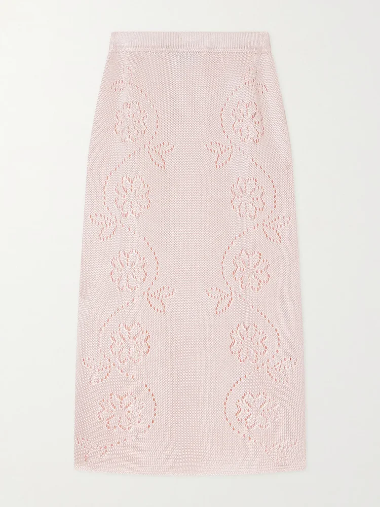 Embroidered knitted midi skirt