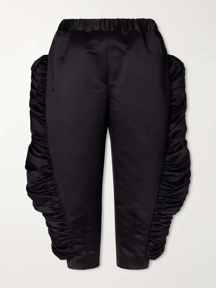 Cropped ruffled satin slim-fit capri pants
