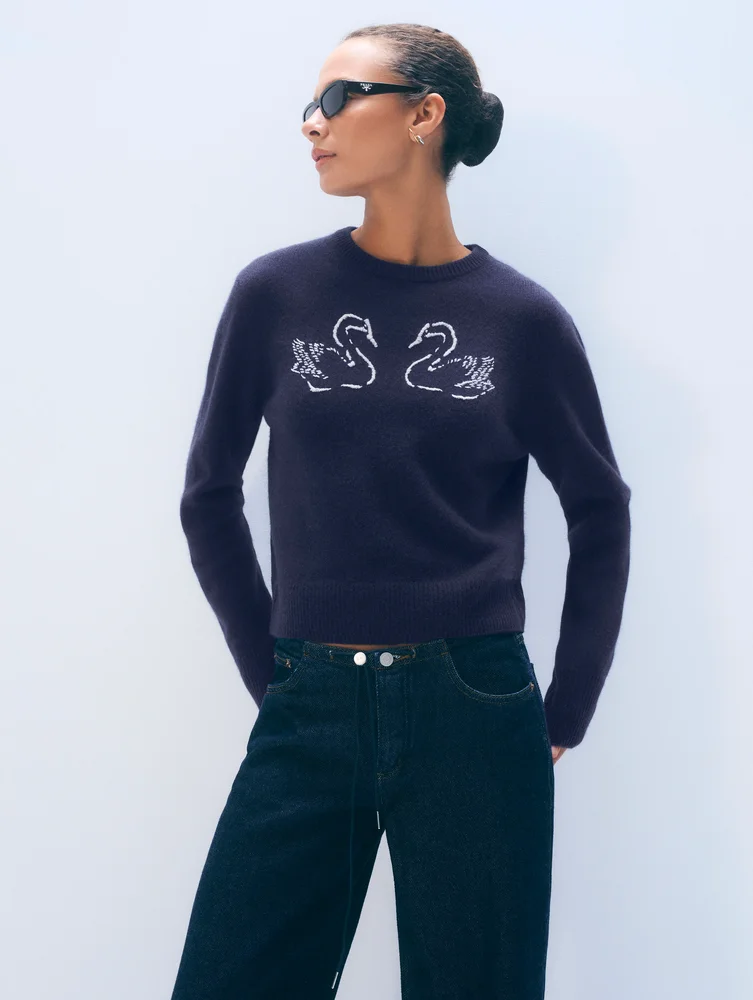 Cashmere Blend Embroiedered Swan Sweater