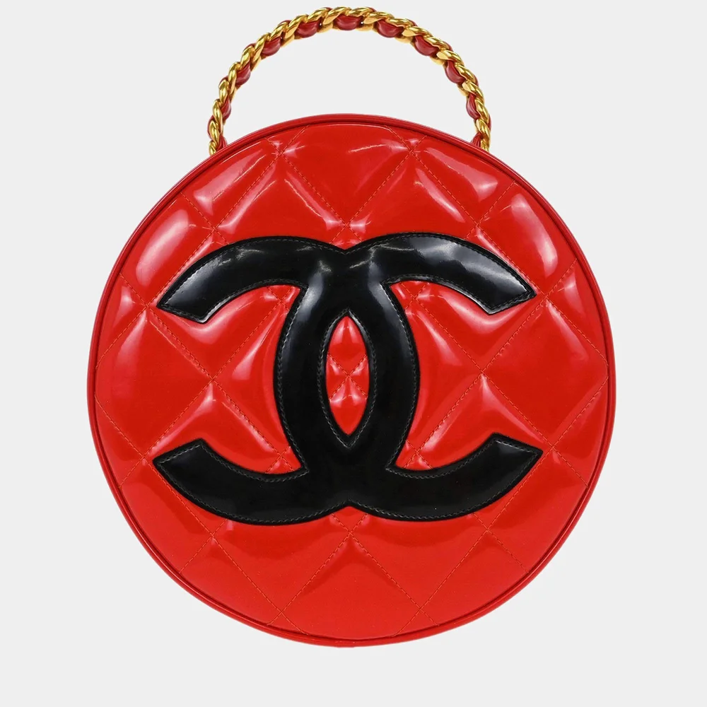 Vintage 1995 Red Patent Leather Black CC Round Vanity Top Handle Bag