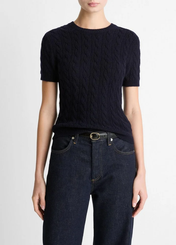 Cable-Knit Wool & Cashmere-Blend Short-Sleeve Sweater