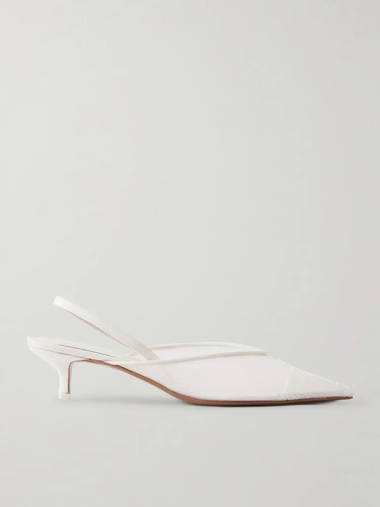 Irena lace and satin-trimmed mesh slingback pumps