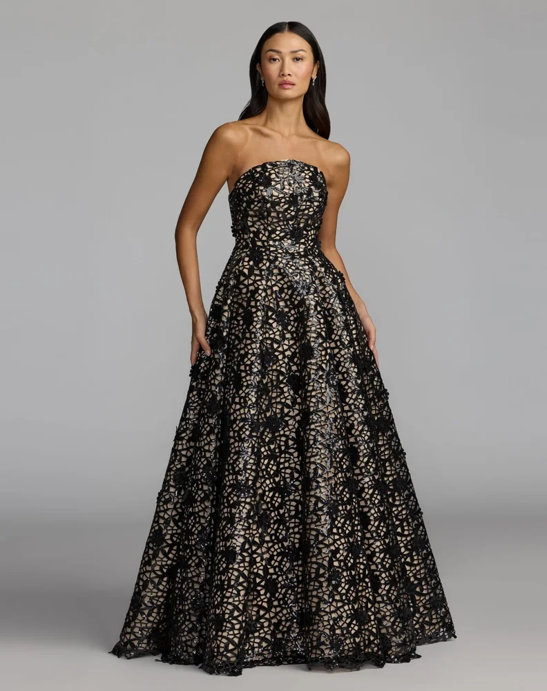 Black Nude Sequin Floral Lace Strapless Ball Gown