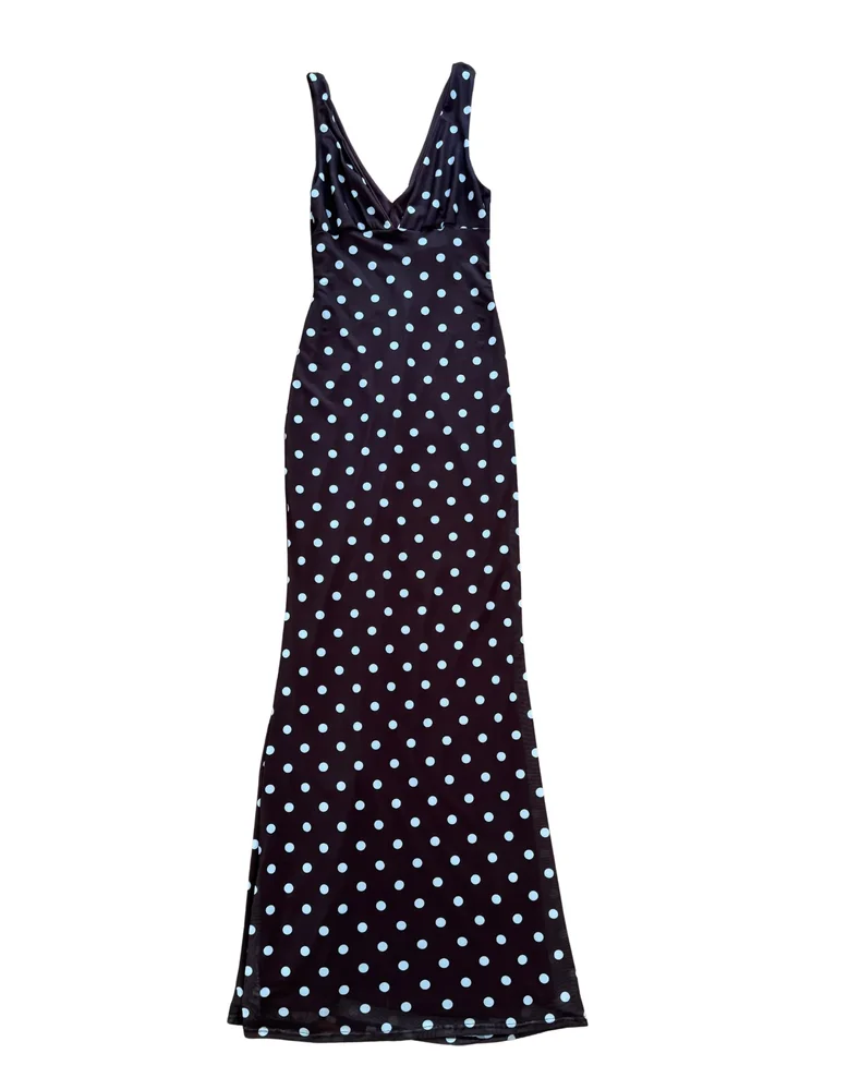 American Threads - Lettie Mesh Maxi Dress - Brown Polka Dot - Size Small