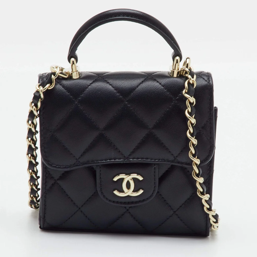 Chanel CC Black Quilted Leather Coin Purse with Chain