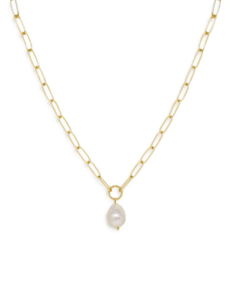 Single Freshwater Pearl Open Links 18K Gold Plated Chain Necklace, 15"