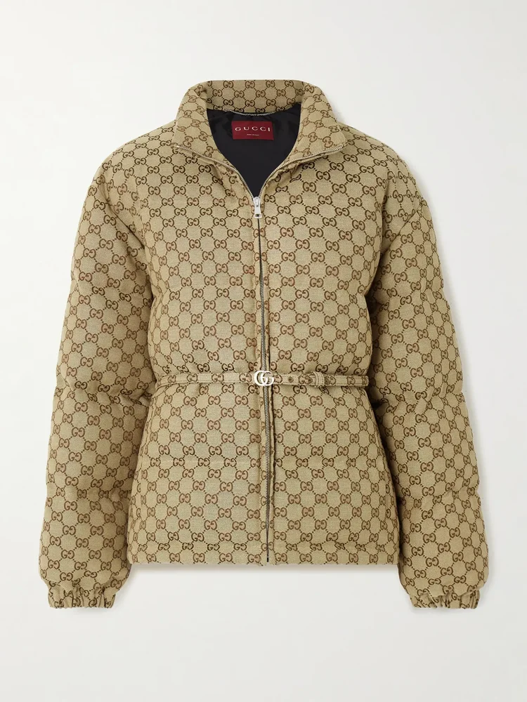 Belted leather-trimmed cotton-blend canvas down jacket