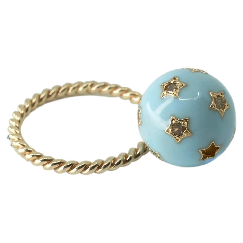 Blue Enamel Star Ring in Gold with Diamonds, Celestial Orb Cocktail Ring
