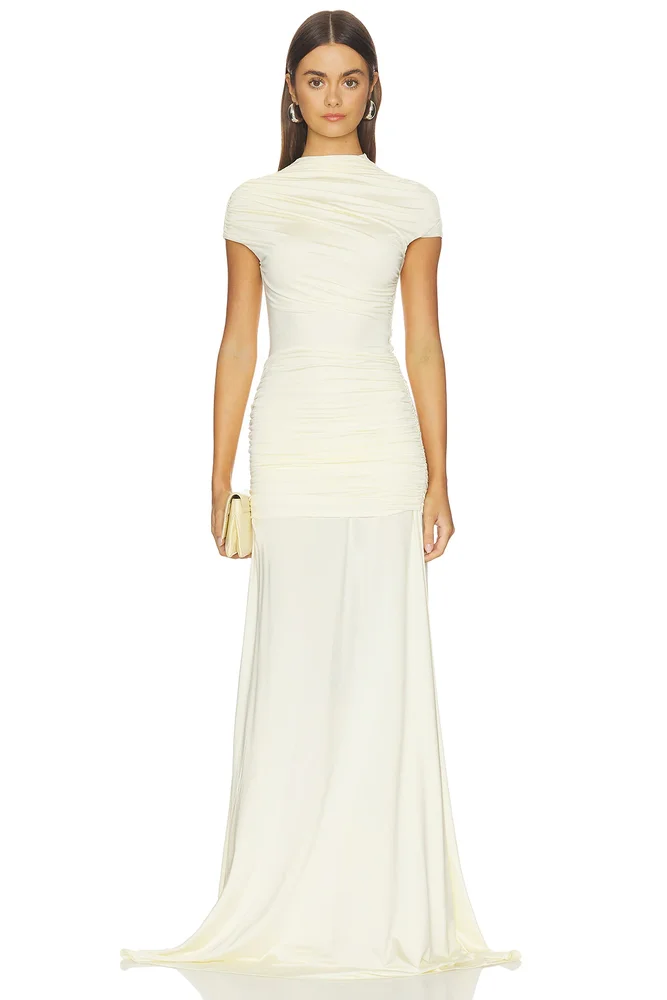 Yellow Jersey Draped Maxi Dress