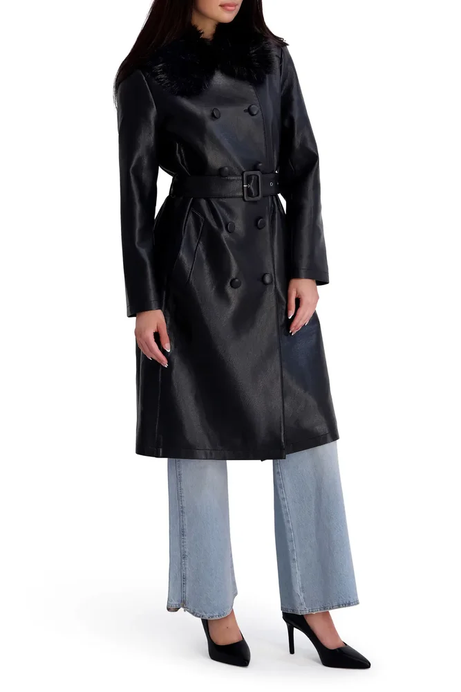 Faux Leather Trench Coat with Faux Fur Collar