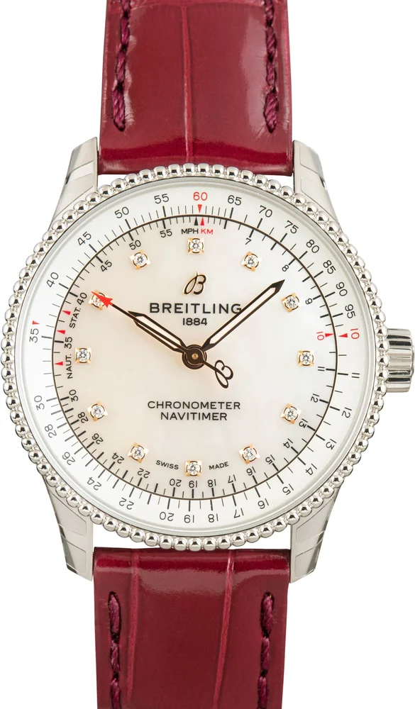 Pre-Owned Navitimer Automatic 35 Mother of Pearl Dial on Burgundy Strap