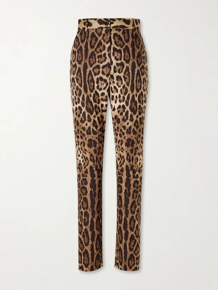 Leopard-print high-rise cotton straight-leg pants