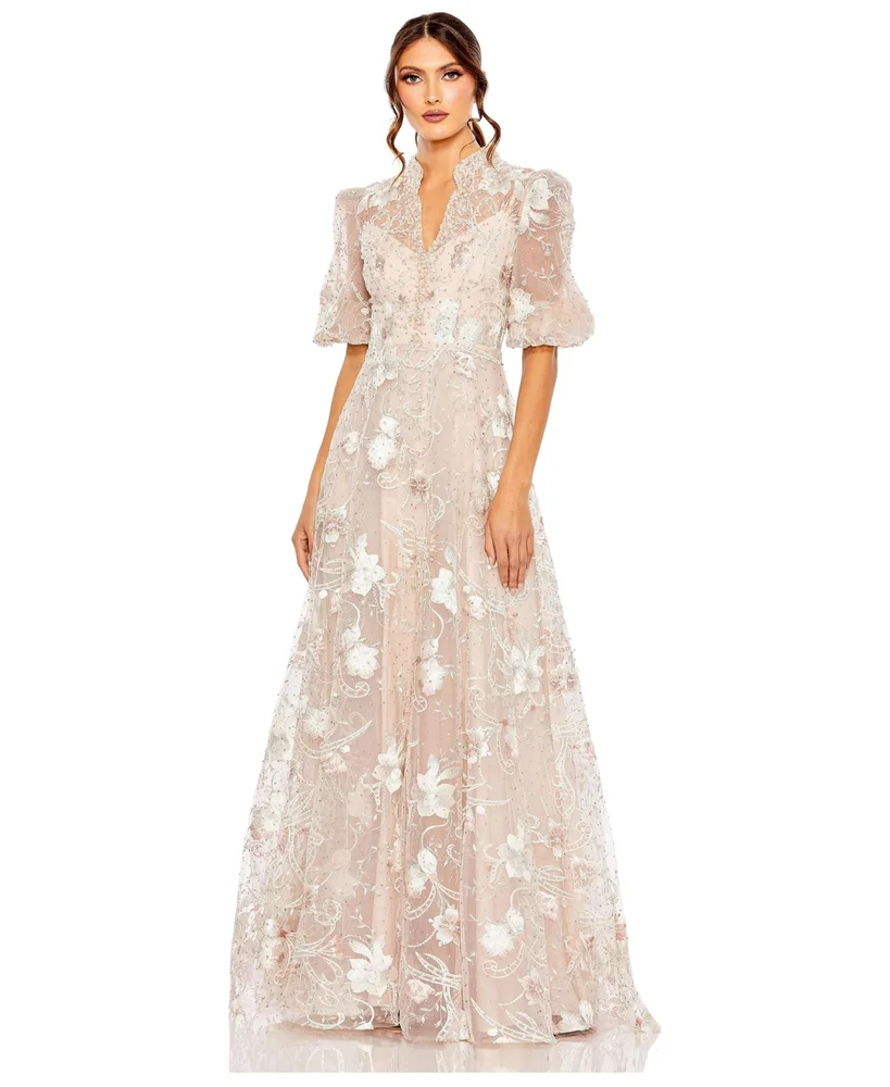 Women's Embroidered Queen Anne Puff Sleeve A-Line Gown